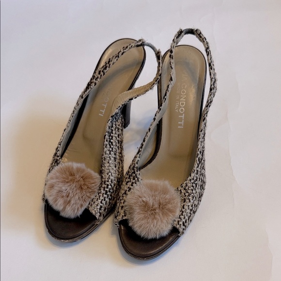 Via Condotti Elegant Rabbit Tweed Brown and Cream Heels - Picture 1 of 8